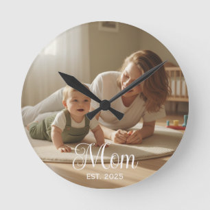 Mom Established Modern White Script Photo Clock