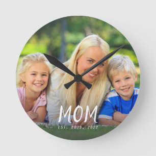 Mom Established Modern White Script Photo Design Round Clock