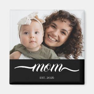 Mom Established Modern White Script Photo Elegant Magnet