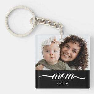 Mom Established Modern White Script Photo Keychain