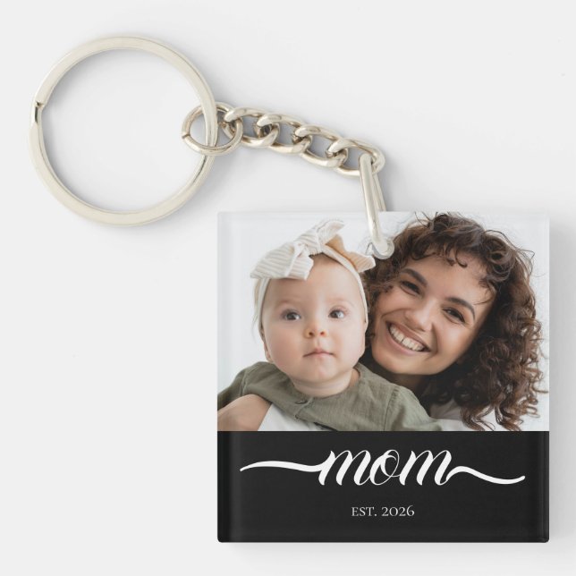 Mom Established Modern White Script Photo Keychain (Front)
