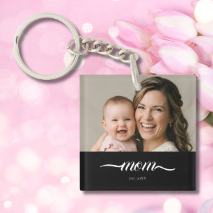 Mom Established Modern White Script Photo Keychain