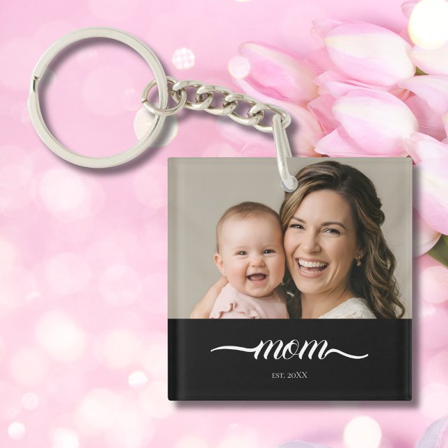 Mom Established Modern White Script Photo Keychain (Creator Uploaded)