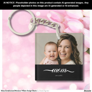 Mom Established Modern White Script Photo Keychain