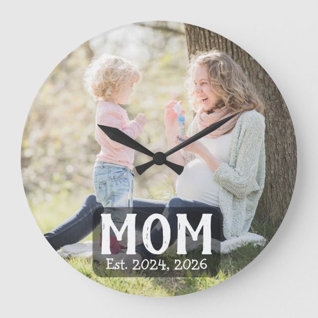 Mom Established Modern White Script Photo  Large Clock (Front)