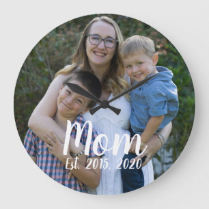Mom Established Modern White Script Photo Large Clock