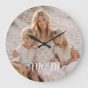 Mom Established Modern White Script Photo Large Clock