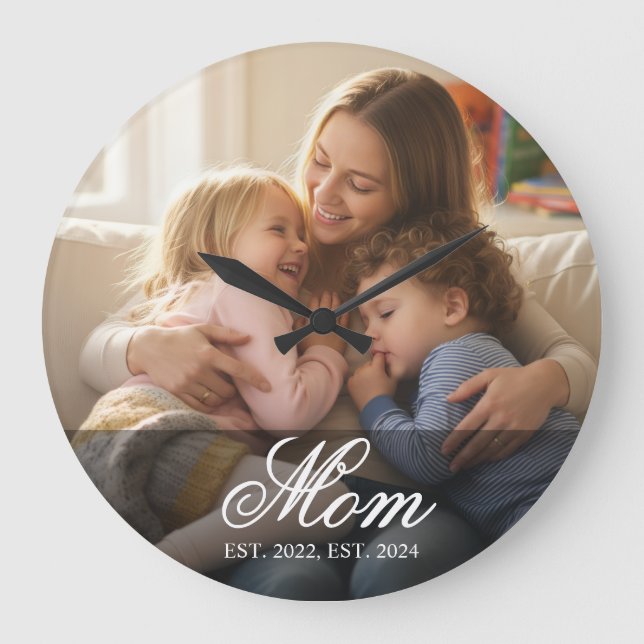 Mom Established Modern White Script Photo Large Clock (Front)