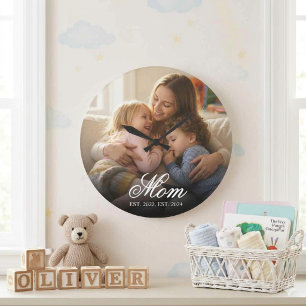 Mom Established Modern White Script Photo Large Clock