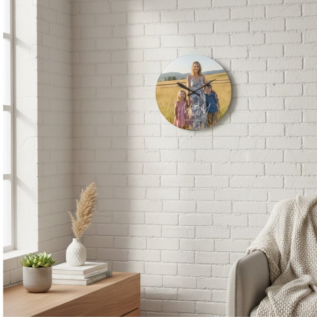 Mom Established Modern White Script Photo Large Clock (Creator Uploaded)