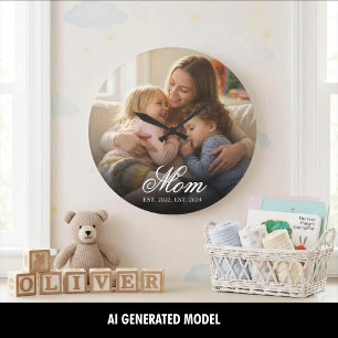 Mom Established Modern White Script Photo Large Clock