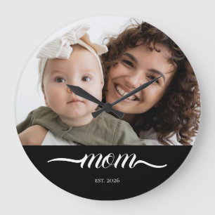 Mom Established Modern White Script Photo Large Clock