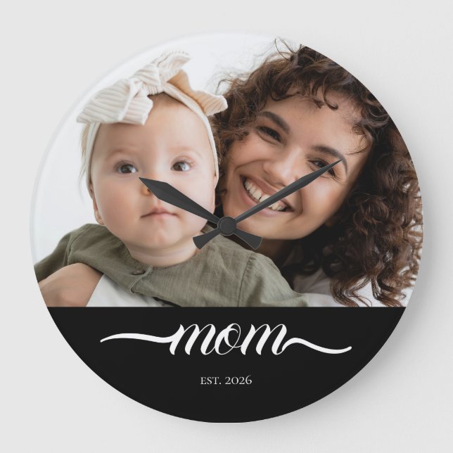 Mom Established Modern White Script Photo Large Clock (Front)
