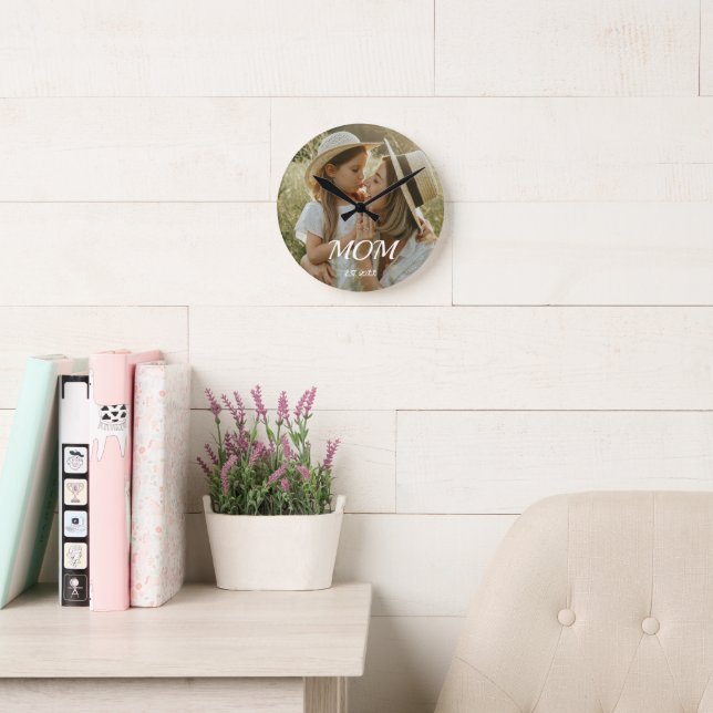 Mom Established Modern White Script Photo  Round C Clock (Reading Room)