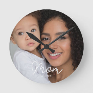 Mom Established Modern White Script Photo Round Clock