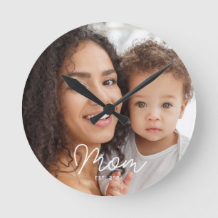 Mom Established Modern White Script Photo Round Clock