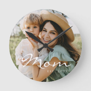Mom Established Modern White Script Photo Round Clock