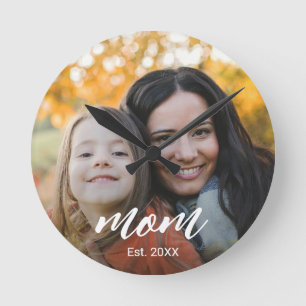 Mom Established Modern White Script Photo Round Clock