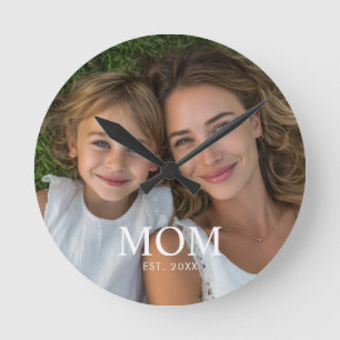 Mom Established Modern White Script Photo Round Clock