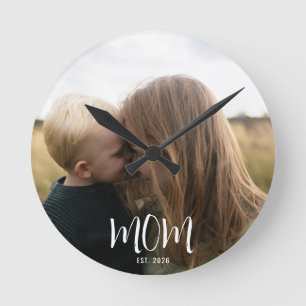 Mom Established Modern White Script Photo Round Clock