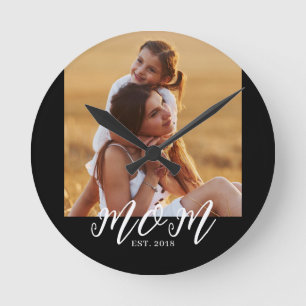 Mom Established Modern White Script Photo Round Clock