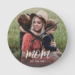 Mom Established Modern White Script Photo Round Clock