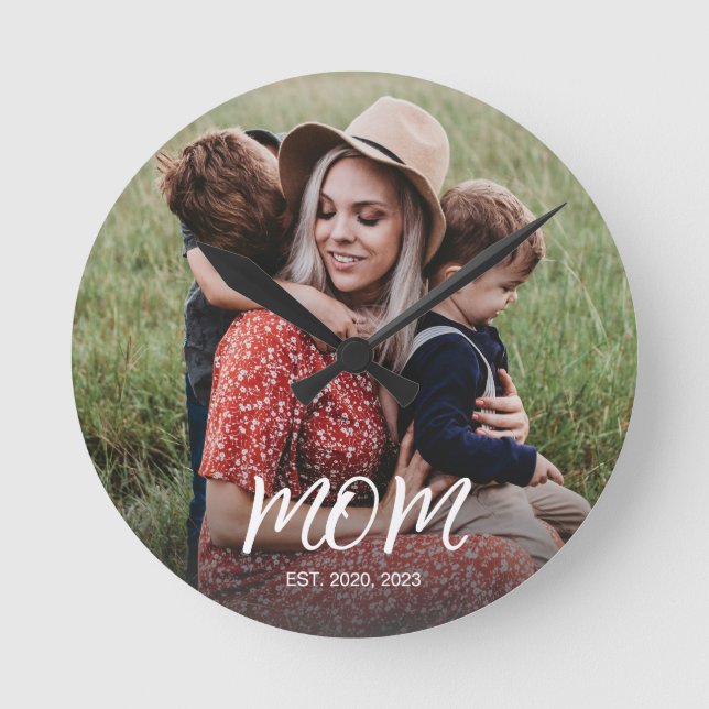 Mom Established Modern White Script Photo Round Clock (Front)