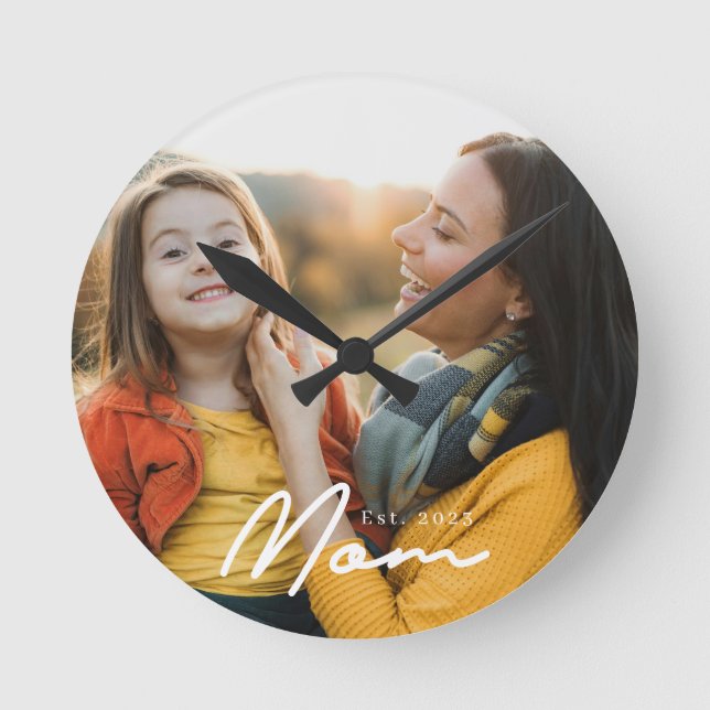 Mom Established Modern White Script Photo Round Clock (Front)