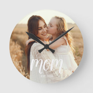 Mom Established Modern White Script Photo Round Clock