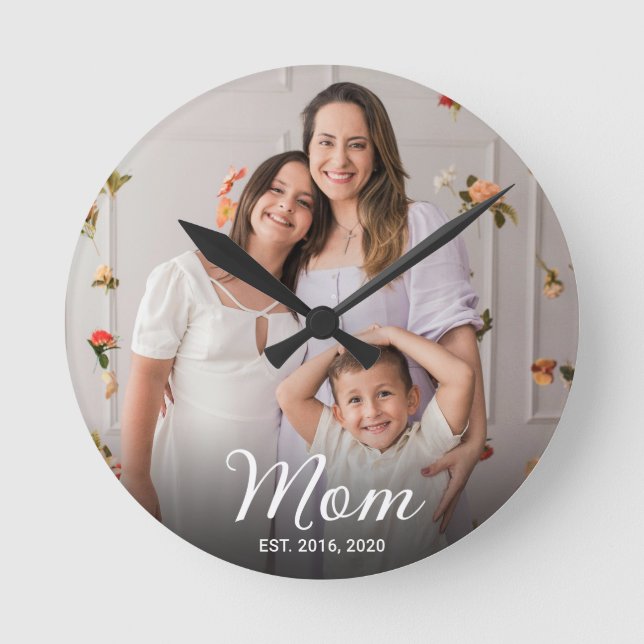 Mom Established Modern White Script Photo  Round Clock (Front)