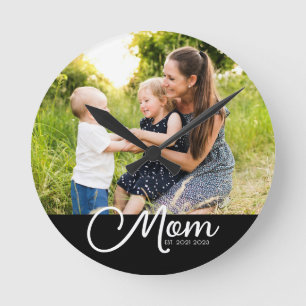 Mom Established Modern White Script Photo  Round Clock