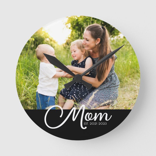 Mom Established Modern White Script Photo  Round Clock (Front)