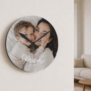 Mom Established Modern White Script Photo Round Clock