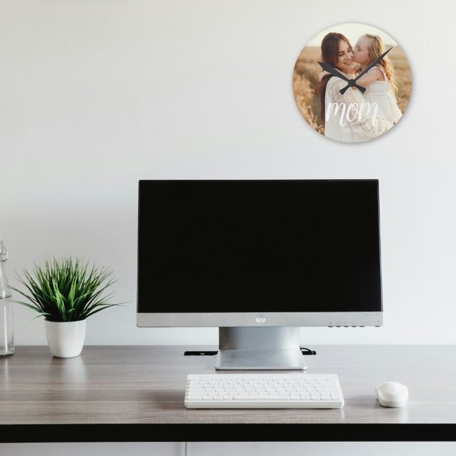 Mom Established Modern White Script Photo Round Clock (Creator Uploaded)