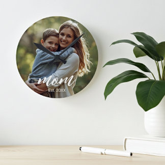 Mom Established Modern White Script Photo Round Clock