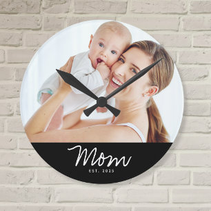 Mom Established Modern White Script Photo Round Clock