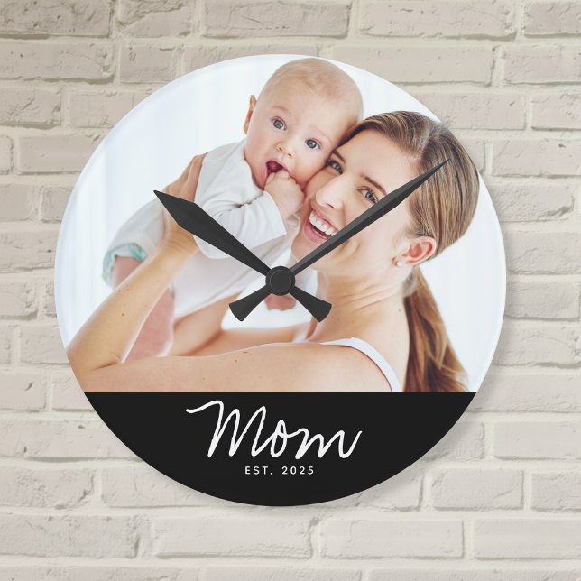 Mom Established Modern White Script Photo Round Clock (Creator Uploaded)