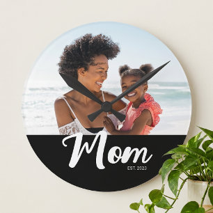 Mom Established Modern White Script Photo Round Clock
