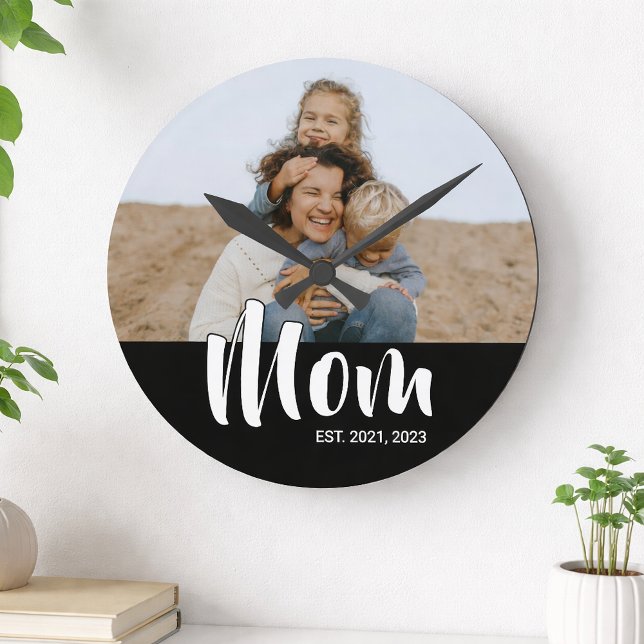 Mom Established Modern White Script Photo Round Clock (Mom Established Modern White Script Photo Round Clock)
