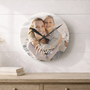 Mom Established Modern White Script Photo Round Clock