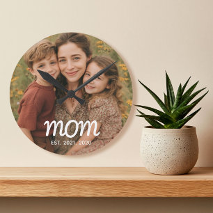 Mom Established Modern White Script Photo Round Clock