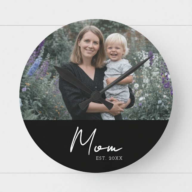 Mom Established Modern White Script Photo Round Clock (Creator Uploaded)