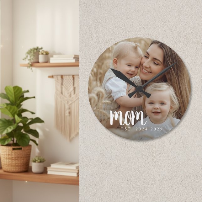 Mom Established Modern White Script Photo Round Clock (modern white script photo mom established year date kids picture mothers day gift for new mama)