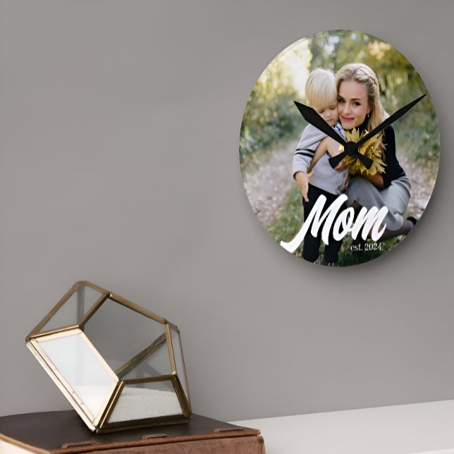 Mom Established Modern White Script Photo Round Clock (Creator Uploaded)