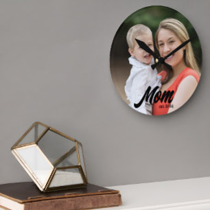 Mom Established Modern White Script Photo Round Clock