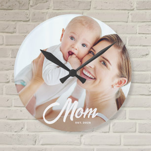 Mom Established Modern White Script Photo Round Clock