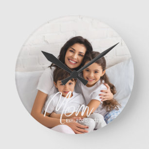 Mom Established Modern White Script Photo  Round Clock