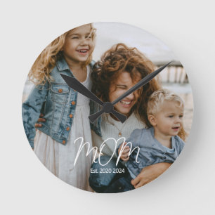 Mom Established Modern White Script Photo Round Clock