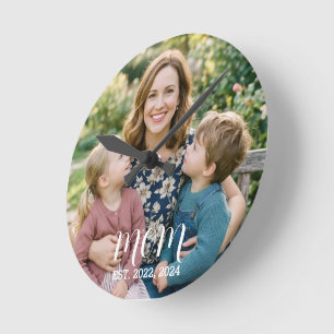 Mom Established Modern White Script Photo  Round Clock