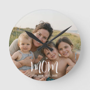 Mom Established Modern White Script Photo Round Clock